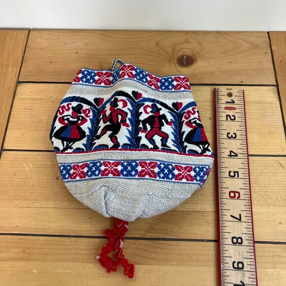 Scandinavian Embroidered Tapestry Fabric Purse Vintage Drawstring Pouch - Picture 8 of 9